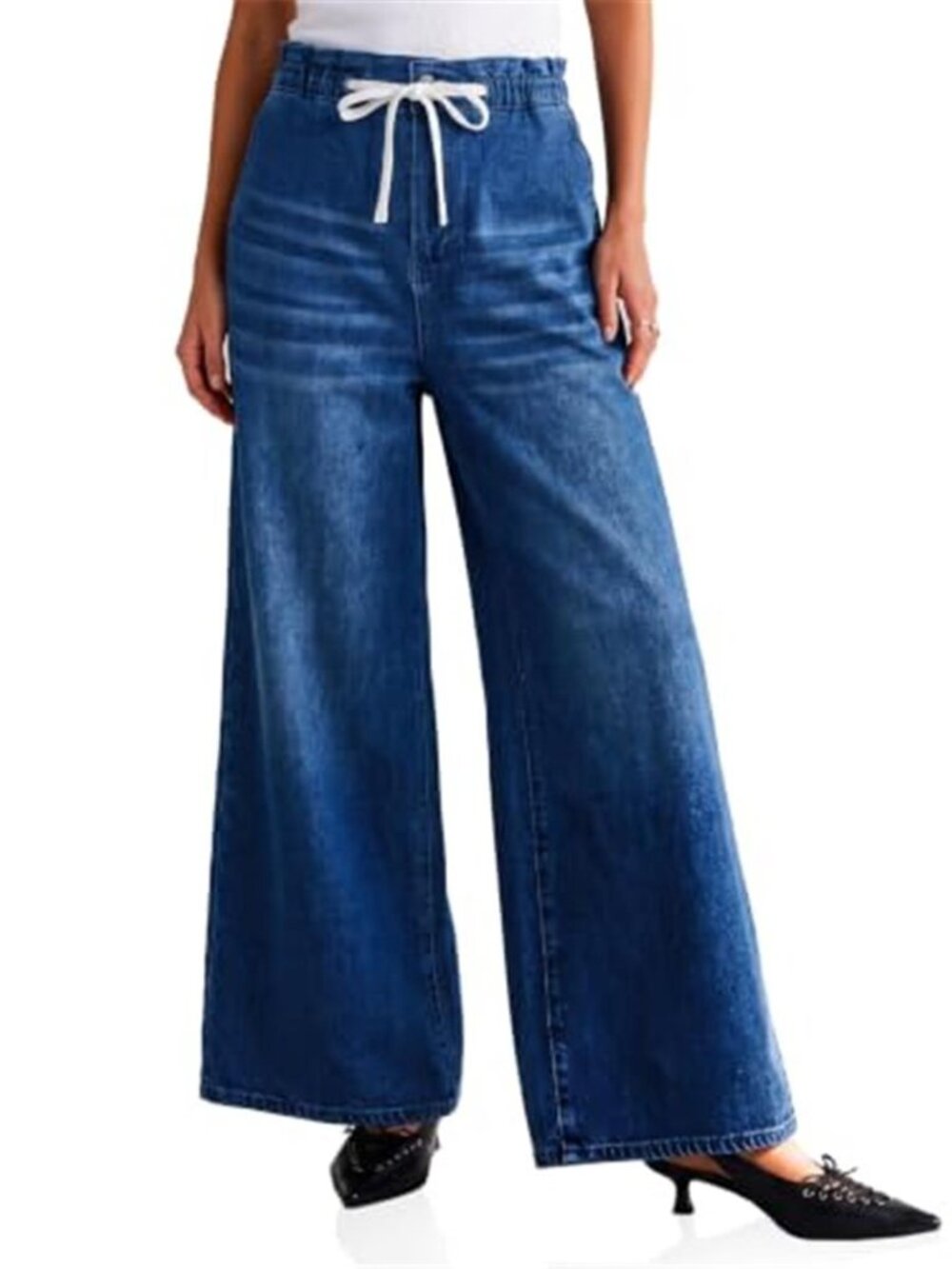 Women's Drawstring Wide Leg Jeans Baggy Trendy Ruffle Denim Pants with Pockets